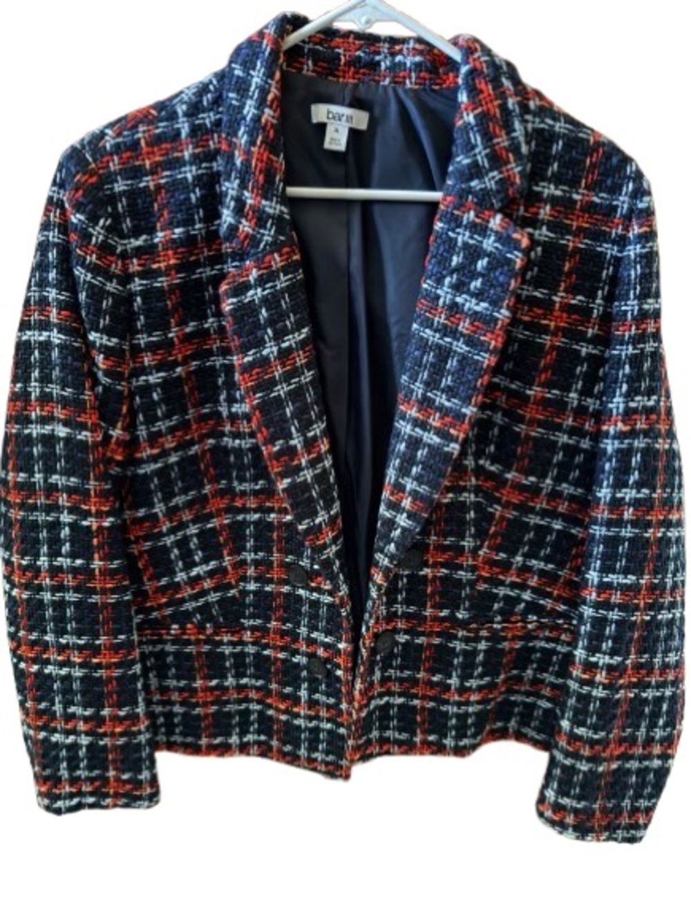 Bar III Navy Plaid Tweed Blazer with Red & White Accents